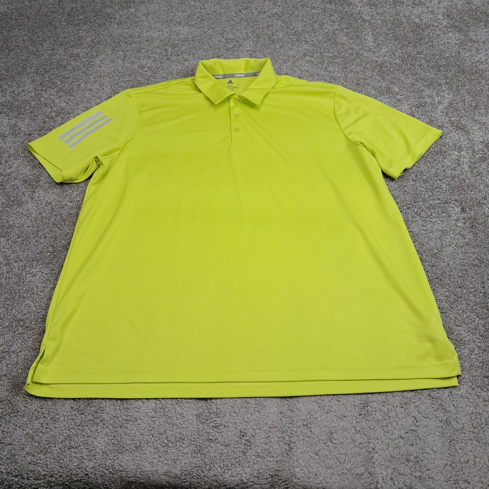 Adidas Mens 2XL Neon Yellow Short Sleeve Golf Polo Shirt 3-Stripe Active Top